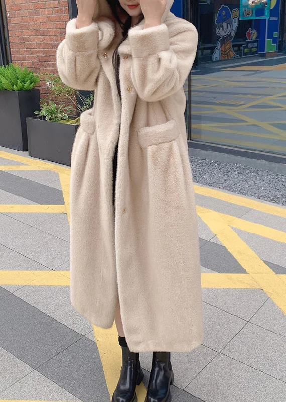 Women's Coats with Fur Trimmed CollarBeige Button Leather And Fur Hooded Maxi Coat Long Sleeve