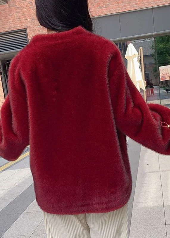 Women's Coats with Fur Trimmed ButtonsStyle Red V Neck Drawstring Thick Mink Velvet Coats Winter