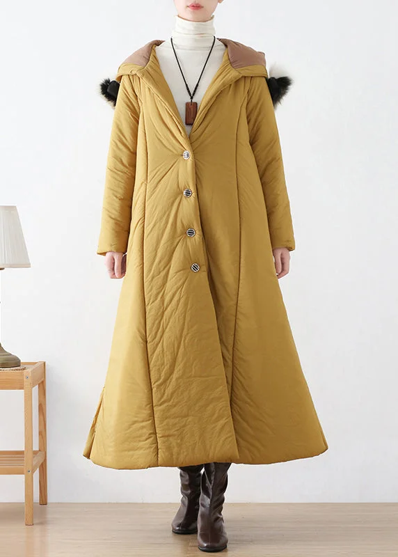 Women's Coats with Fur Trimmed SleevesYellow Side Open Hooded Long Parka Winter