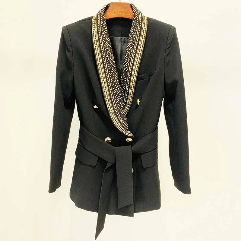 Women's PeacoatsWomens Black Metal Coat Double Breasted Lion Button Blazer with Belt Outwear