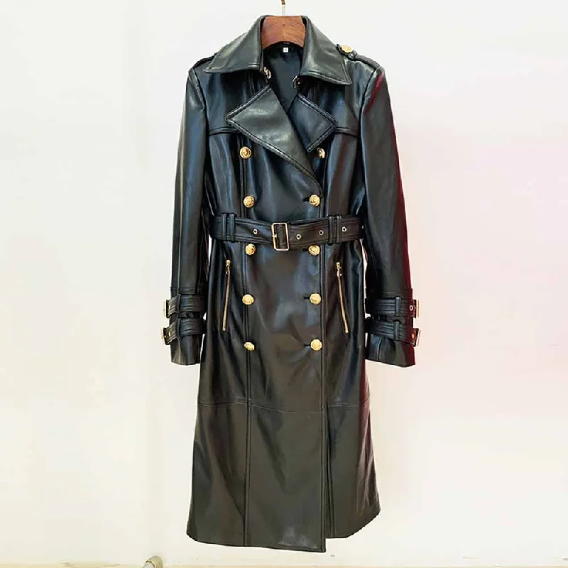 Women's Zip-Up CoatsWomen Black Trench Leather Coata Double Breast Outwear Coat With Belt