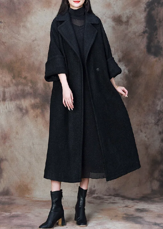 Women's Coats with Fur Trimmed BeltBlack Solid Loose Woolen Coats Notched Winter