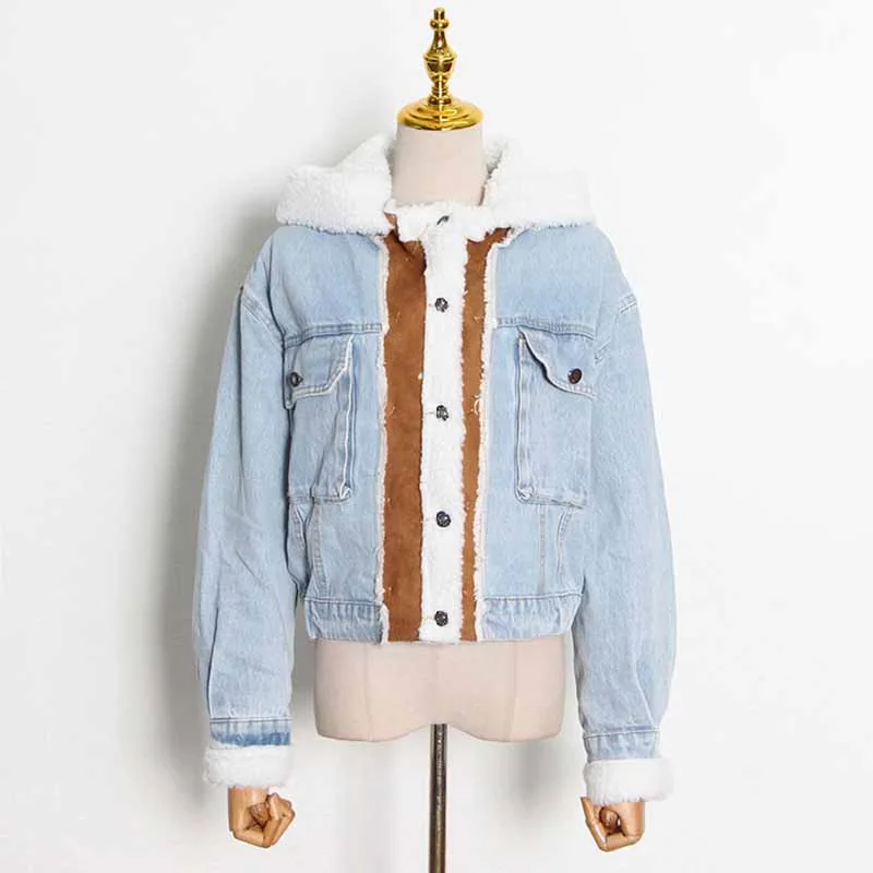 Women's Coats with Fur Trimmed SleevesWinter Jean Coat for Women Oversized Lamb Wool Hoodie Coats Patchwork Denim Jackets