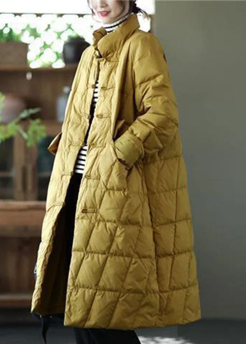 Women's Winter CoatsBeautiful Yellow Stand Collar Oriental Button Solid Duck Down Puffer Coat Winter