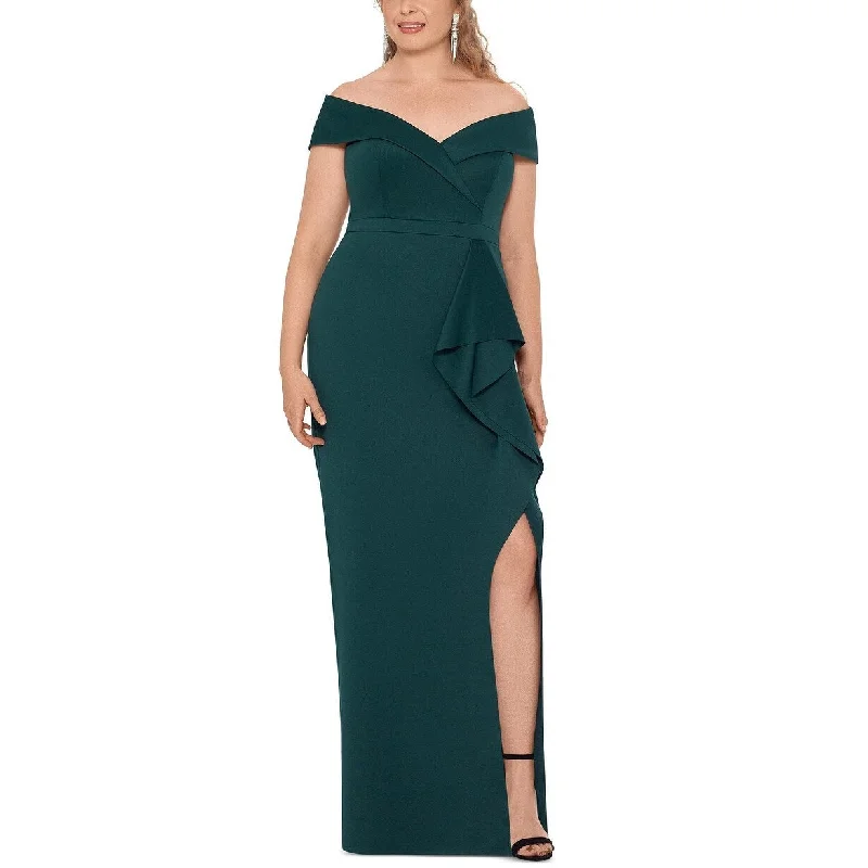 hats with built-in headbandsXscape Women's Plus Size Ruffled Off-The-Shoulder Gown Green Size 14 W