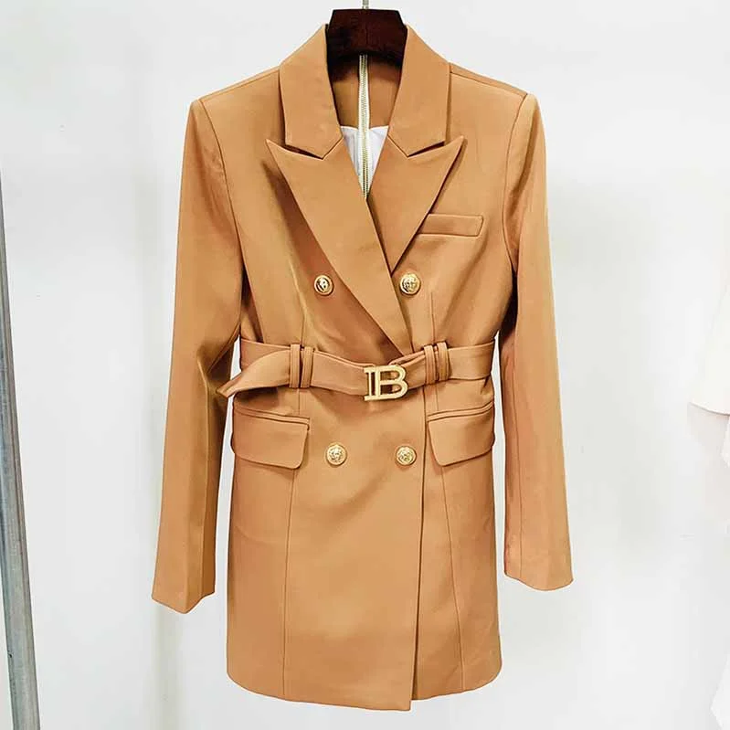 Women's Wool CoatsDouble Breasted Lion Button Blazer Jacket Womens Camel Coat with Belt Outerwear