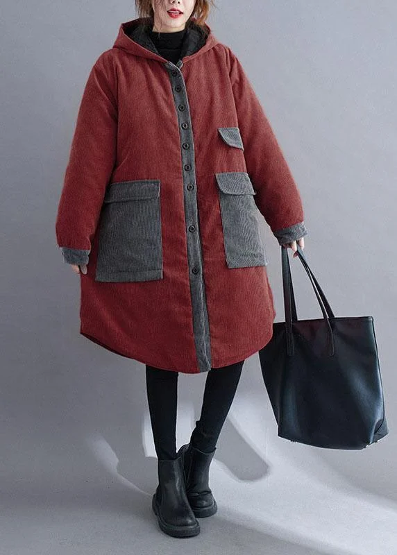 Women's Quilted CoatsPlus Size Red hooded Button Corduroy Winter Cotton Long Coat sleeve