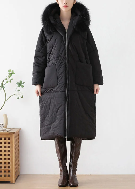 Women's Quilted CoatsLoose Black Fur Collar Thick Hooded Maxi Parka Winter