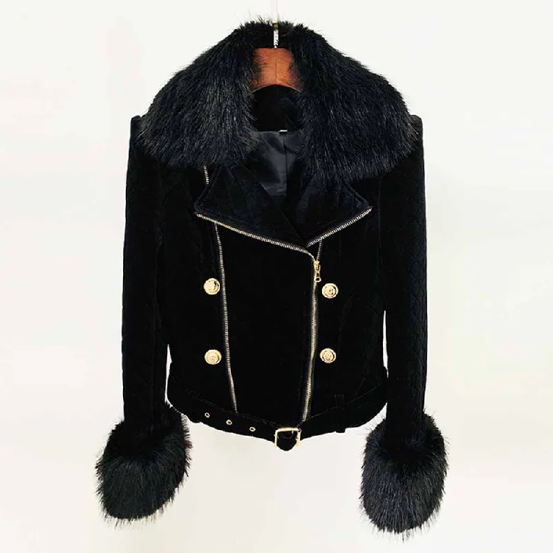 Women's Coats with CollarBiker jacket with removable fur collar outer coat double zipper motorcycle jacket