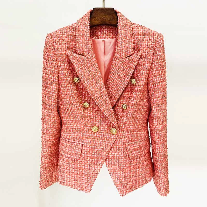 Women's Coats with SleevesWomens Coral Jacket Gold Double Breasted Blazer Slim Fitting Tweed Coat