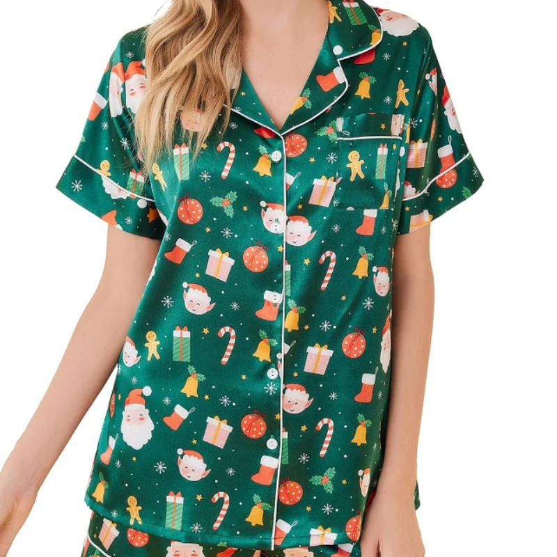 women's pajamas with an elasticized cuffsChristmas Theme Satin Short Sleeve Top And Shorts Set