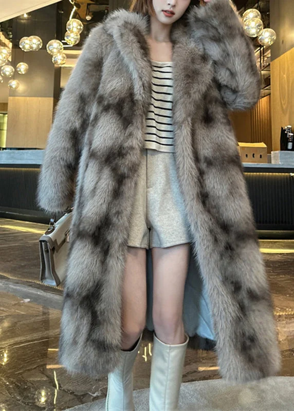 Women's Coats with Fur Trimmed ZipperBohemian Khaki Pockets Print Leather And Fur Long Coats Winter