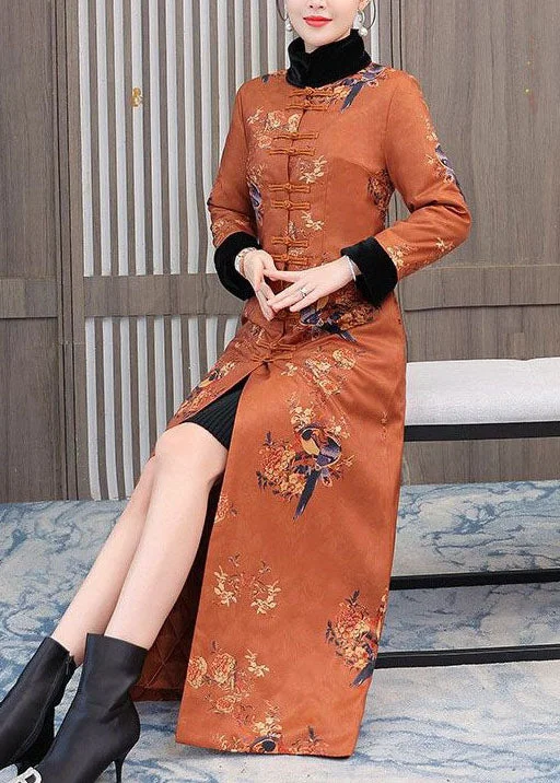 Women's Coats with CollarChinese Style Orange Stand Collar Print Fine Cotton Filled Coats Winter