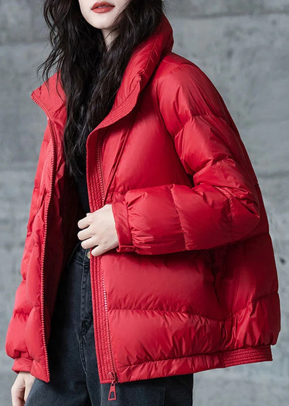 Women's Coats with Fur Trimmed CollarRed Loose Duck Down Puffers Jackets Stand Collar Zip Up Winter