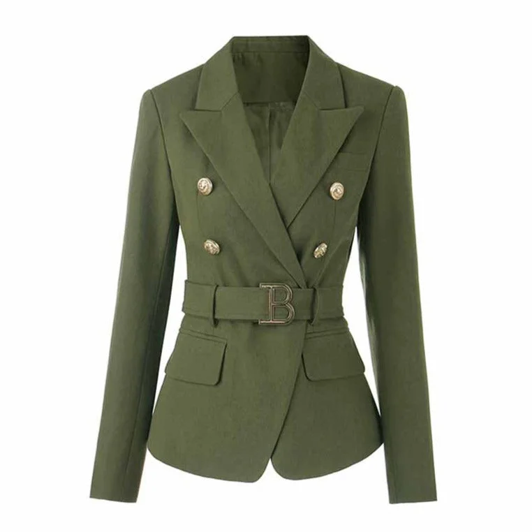 Women's Coats with Fur Trimmed ButtonsDouble Breasted Army Green Blazer With Gold Buttons Slim Fit Belt Jacket