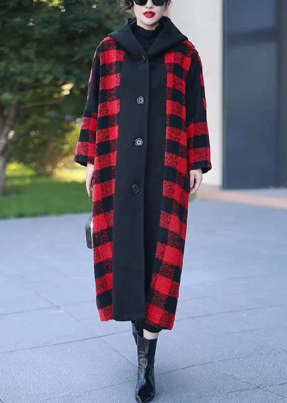 Women's Hooded CoatsRed Plaid Patchwork Woolen Long Coats Hooded Winter