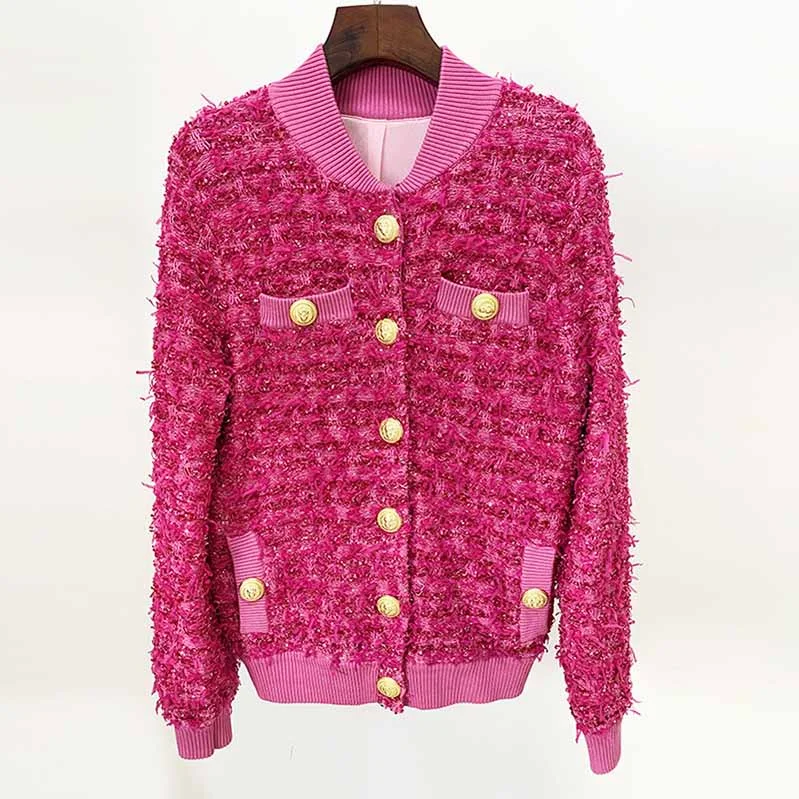 Stylish Women's CoatsPink Tweed Outwear Gold Buttons Baseball Uniform Jacket Coat