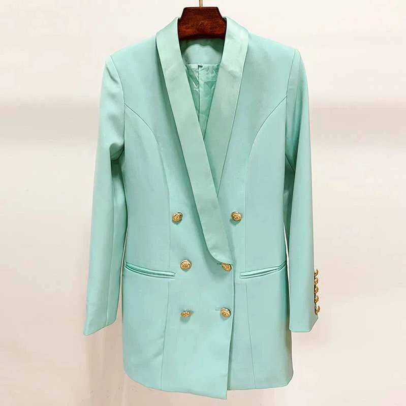 Women's Button-Up CoatsLong Mint Blazer Jacket Womens Mint Coat Double Breasted Lion Button Blazer