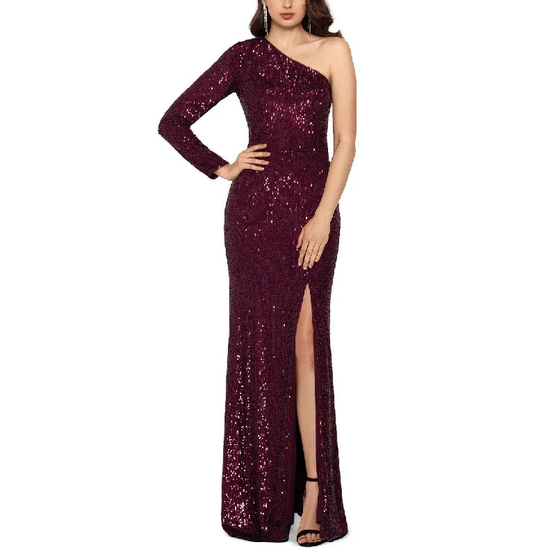 eco-friendly straw hatsXscape Women's Sequinned One-Shoulder Gown Red Size 14