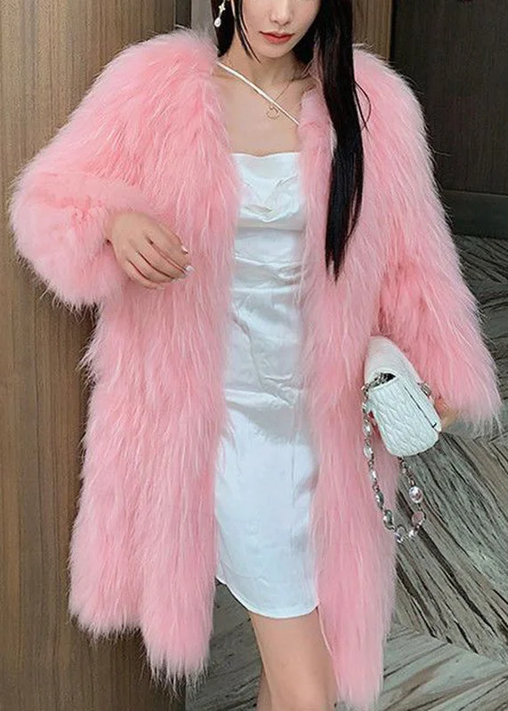 Women's Coats with Fur Trimmed CollarStyle Pink V Neck Mink Hair Leather And Fur Long Coats Winter