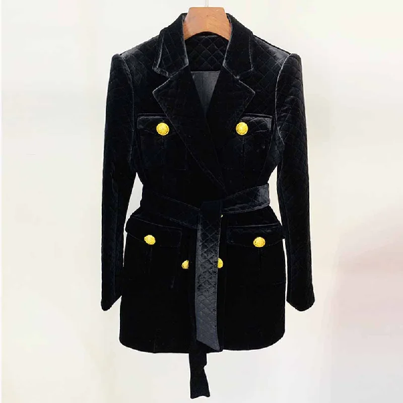 Women's Coats with Fur Trimmed ButtonsWomen black double breasted coat belted velvet medium length coat