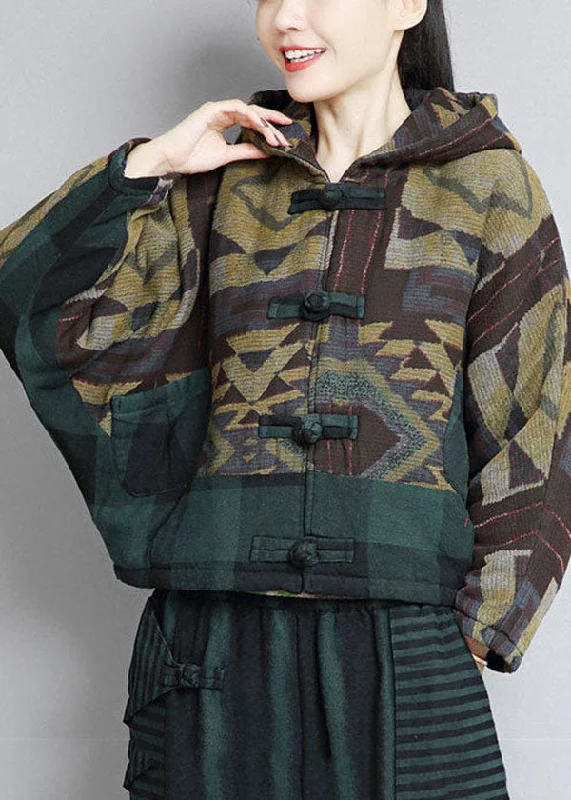 Women's Leather CoatsChic Green Hooded Patchwork Oriental Button Fine Cotton Filled Jackets Winter