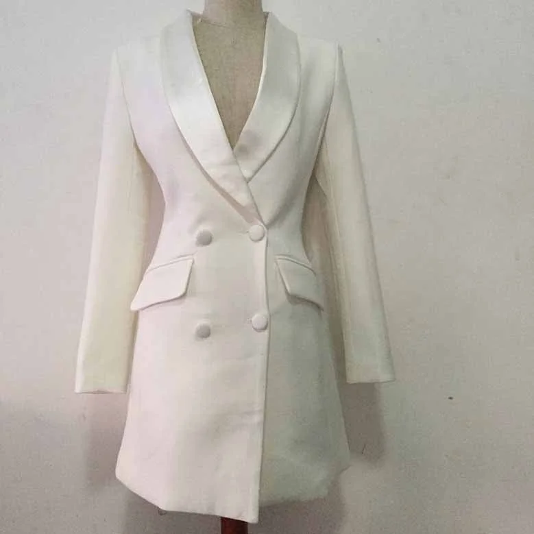 Women's Hooded CoatsTrendy Long Sleeve Double Breasted Lapel Blazer Mini Dress White