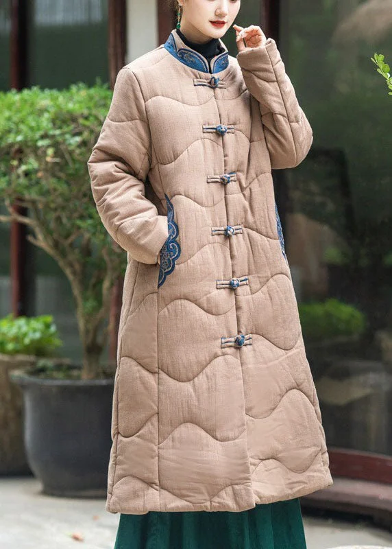 Women's Long CoatsElegant Khaki Stand Collar Embroideried Lengthen Fine Cotton Filled Witner Coat