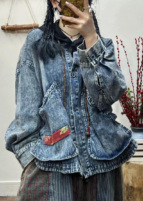 Women's Duffle CoatsLoose Blue Pockets Patchwork Denim Short Coats Fall