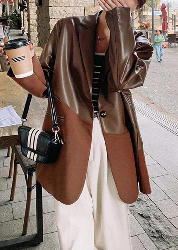 Women's Coats with Fur Trimmed Hood2024 New Coffee Notched Patchwork Faux Leather Suit Coat Fall