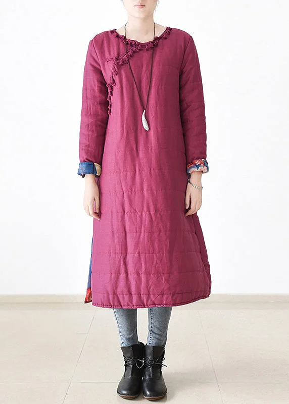 Women's Coats with Fur Trimmed HoodChic Rose O-Neck Button Side Open Thick Linen Long Parka Witner