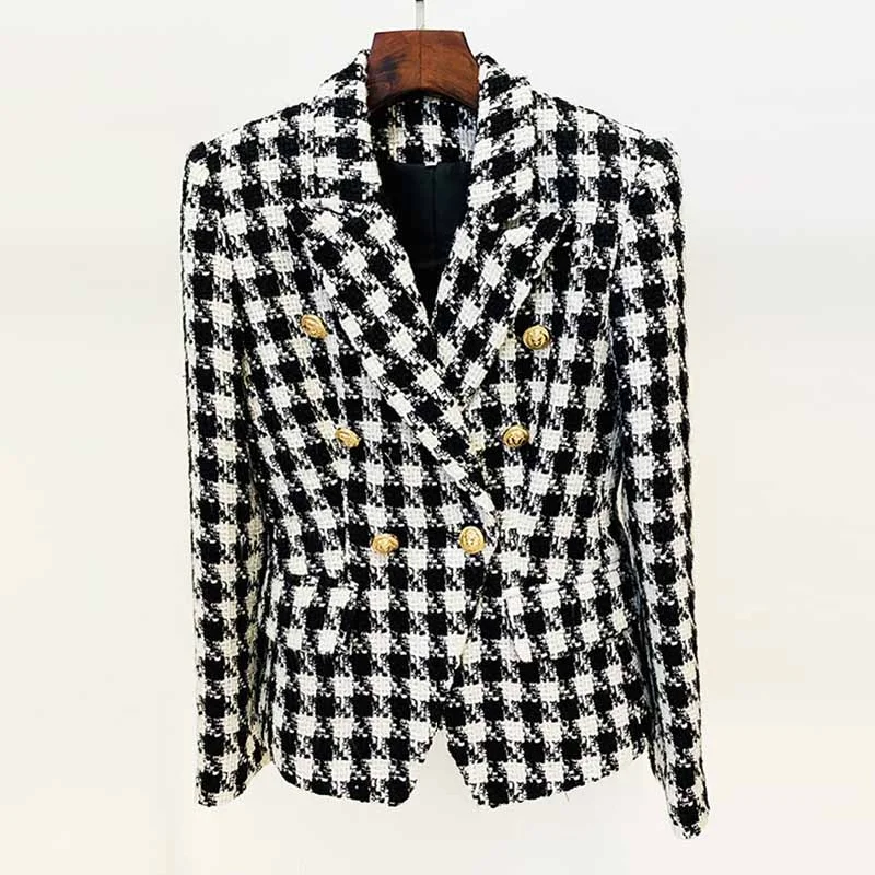 Women's Coats with Fur Trimmed ZipperWomen's double breasted black and white houndstooth blazer jacket