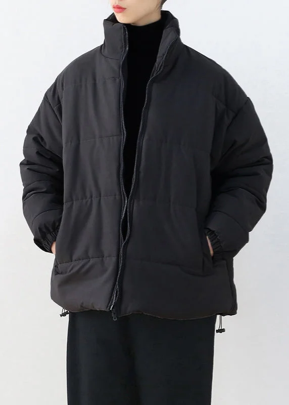 Women's Windbreaker CoatsBlack Stand Collar Drawstring Thick Parka Winter