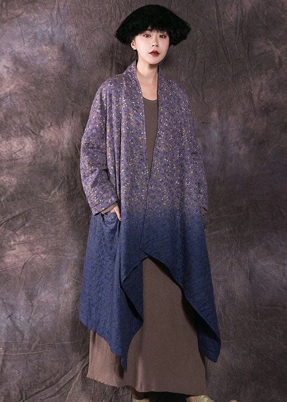 Women's Fur CoatsBoho Blue Print Pockets Fine Cotton Filled Winter wrap coat