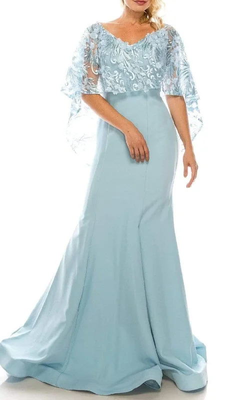 straw hats for summerOdrella - 7Y1037 Off-Shoulder Trumpet Gown with Embroidered Mesh Cape