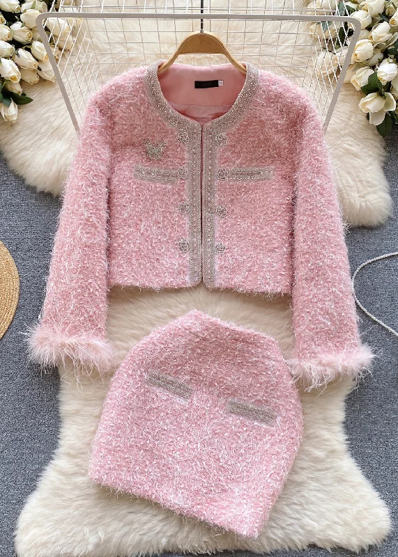 Women's Coats with Fur Trimmed PocketsHandmade Pink O Neck Patchwork Coat And Skirts Two Piece Suit Set Winter