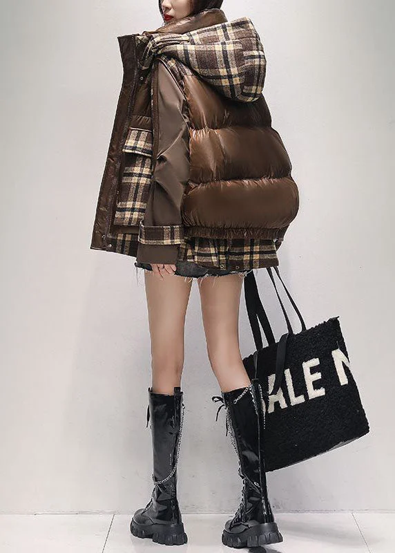 Women's Coats with Fur TrimWomen Coffee Oversized Patchwork Plaid Duck Down Winter Coats Winter