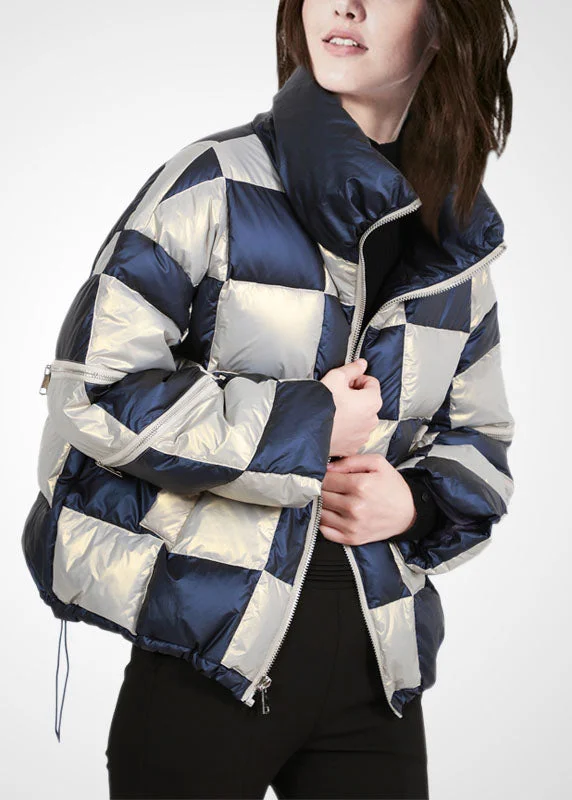 Women's Coats with Fur Trimmed ButtonsFrench Colorblock Stand Collar Zip Up Drawstring Plaid Duck Down Puffer Jacket Winter