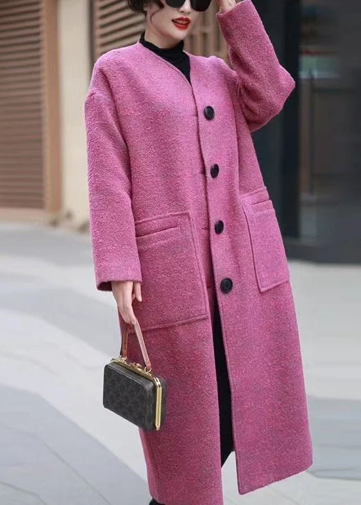 Women's Coats with Fur Trimmed SleevesWomen Pink Pockets Back Side Open Woolen Coats Winter