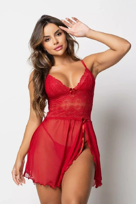 women's pajamas for a cozy night inRed Tulle Nightie with Front Slit