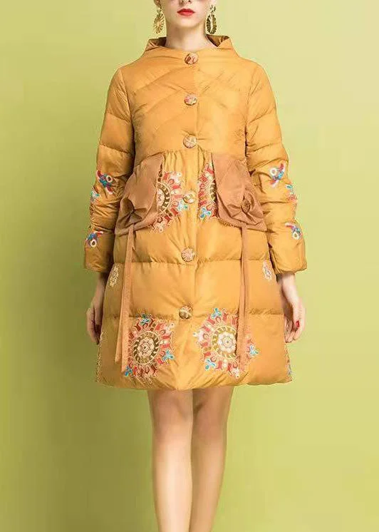 Women's Rain CoatsModern Yellow Embroidered Button Fine Cotton Filled Parka Winter