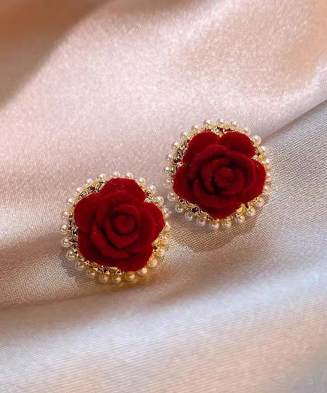 Women's Coats with Fur Trimmed SleevesBoho Red Copper Alloy Pile Coating Floral Stud Earrings