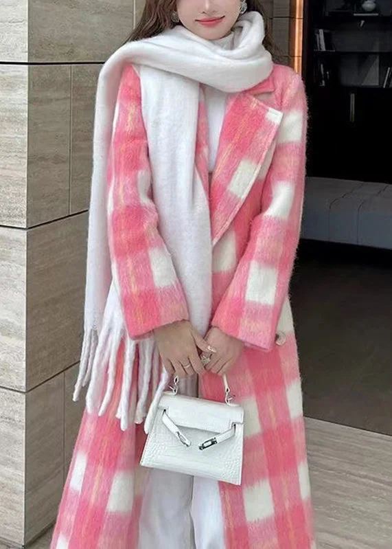 Women's Coats with ButtonsPink Notched Tie Waist Maxi Woolen Coat Long Sleeve