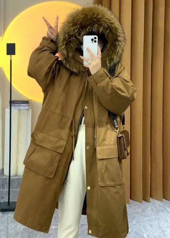 Women's Denim CoatsArt Caramel Raccoon Hair Collar Drawstring Pockets Womens Parka Winter