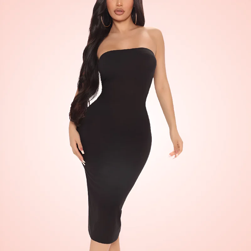 convertible bra with silicone strips for supportBuilt In Shapewear Strapless Tube Midi Dress