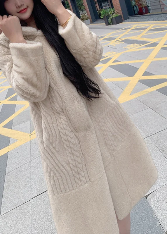 Women's Coats with Fur Trimmed PocketsModern Beige Patchwork Button Leather And Fur Maxi Hoodie Coat Winter