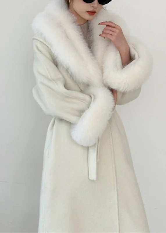 Women's Coats with Fur Trimmed CollarStylish Beige Fur Collar Tie Waist Long Woolen Coats Winter