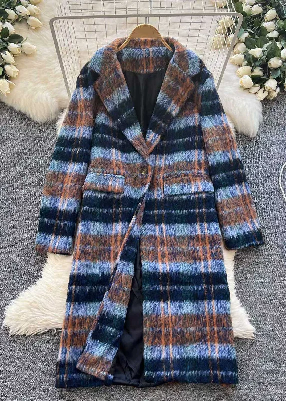 Women's Bomber CoatsChic Blue Button Plaid Pockets Woolen Coats Winter