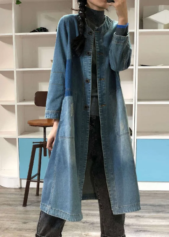 Women's Windbreaker CoatsLoose Blue O-Neck Button Patchwork Denim Coat Outwear Fall