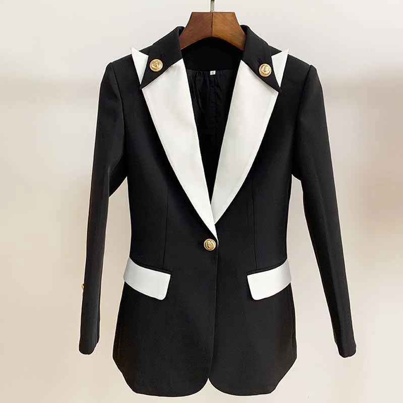 Women's Anorak CoatsWhite Collar Blazer Black Jacket Womens Black Coat with One Button Outerwear